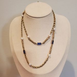 Vintage Gold Tone Faux Pearl & Blue Crystal Necklace Chain 30"